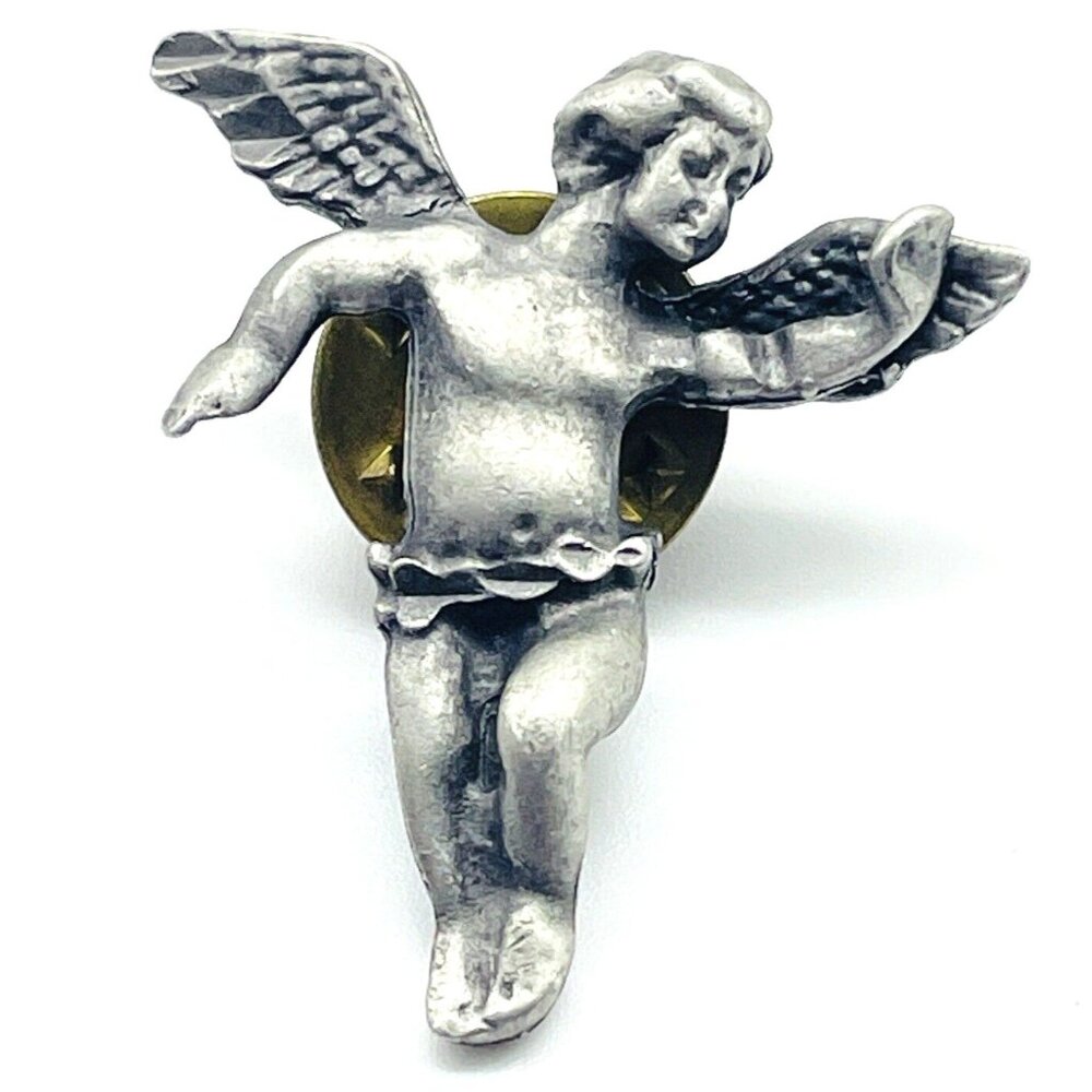 Vintage Silver Tone Angel Cherub Figural Pin Brooch Religious Costume Jewelry